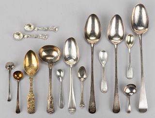 ENGLISH, SCOTTISH, AND IRISH STERLING SILVER SPOONS AND SERVING UTENSILS, LOT OF 15 