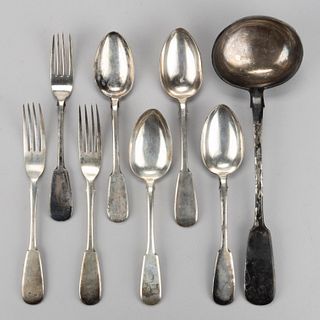 ODESSA, RUSSIAN 0.875 SILVER FLATWARE AND LADLE, LOT OF EIGHT