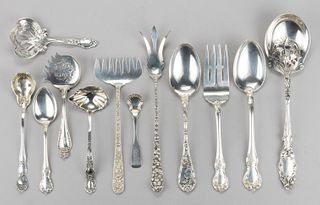 S. KIRK & SON AND OTHER STERLING AND COIN SILVER SERVING UTENSILS AND TEASPOON, LOT OF 12