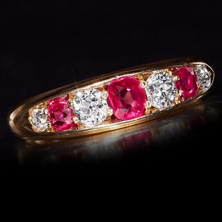 FIVE STONE RUBY AND DIAMOND GOLD RING