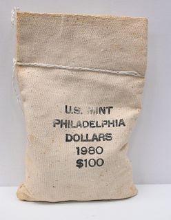 One 1979 and One 1980 U.S. Mint Sewn Bags of $100 Susan B. Anthony's Each.