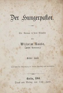 Raabe, Wilhelm
Der Hungerpastor. 3 Bde. Berlin, Janke, 1864. 268 S., 262 S., 246 S. Spaet. HLdr. mit roten RSchildern (etwas 