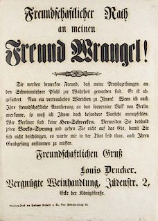 Drucker, Louis
Freundschaftlicher Rath an meinen Freund Wrangel! Nicht illustriertes Flugblatt. Berlin, Reichardt & Co., (184