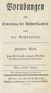 Sulzer, Johann Georg
Voruebungen zur Erweckung der Aufmerksamkeit und des Nachdenkens. 3 Tle. in 1 Bd. Berlin, Nicolai, 1780,