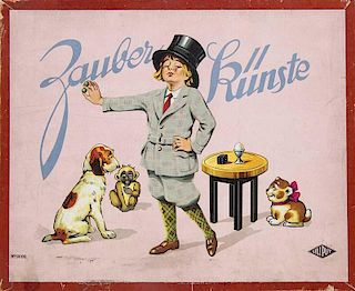 Zauberkasten 'Zauberkuenste' mit zahlreichen Zauberutensilien aus Holz, Papier, Metall und Bast. (Nuernberg,) Liliput, (1935)