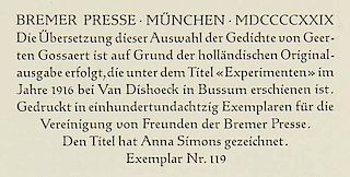 Geerten GossaertGeerten Gossaert Gedichte. UEbers. von Rudolf Alexander Schroeder. (Muenchen 1929). 4°. Handgebd. Orig.-Pap