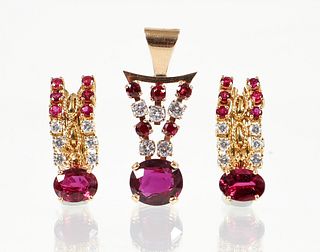14K Ruby Diamond Pendant and Earrings