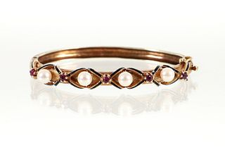 14K Pearl Ruby Enamel Bangle Bracelet