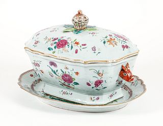 Famille Rose Porcelain Lidded Soup Tureen and Tray