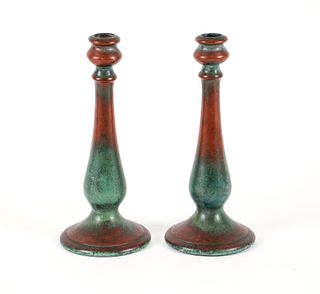 Clewell Pottery Pair of Candlesticks Copper on Ceramic