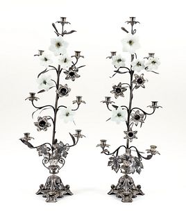 Pair 19th Century French Altar Candelabras Glass Lilies