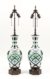 Pair Early 20th cent Bohemian glass table lamps