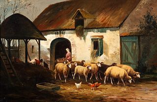 C. von Fascini oil Barnyard Scene with Sheep and Fowl  