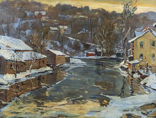 Jonas Lie Town and River in Winter 1923 Oil on Canvas