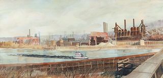 Mary Lois Verrilla 1986 watercolor Mon River Coal Barge and Mill 