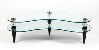 MCM Brass Glass and Ebonized Wood Kidney Coffee Table