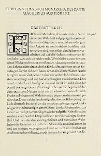 Dante AlighieriMonarchie. Ins Deutsche uebertragen von W. von Steinen. Muenchen, Rupprecht, 1923. 87 S. Folio. OPp. in Schub