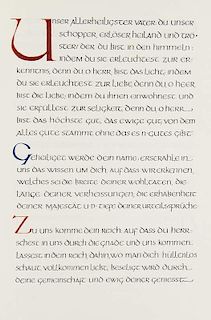 Mittl, Melchior und MathildeLobpreisungen Mit handgezeichneten Initialen und Typen in Rot- und Schwarz. Typographisches Orig