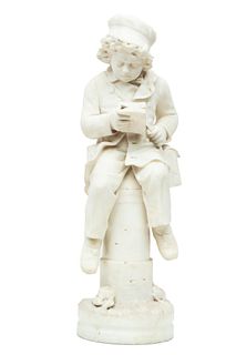 Italian Carved Marble Sculpture, C. 1900, Working Boy Reading, H 24'' W 7.5'' Depth 7''