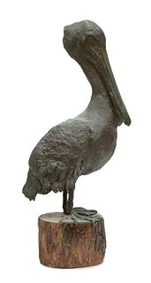 Margaret Valpey (American, 20th C.) Bronze Sculpture, "There Stands The Pelican", H 26'' W 11'' Depth 16''
