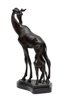 Sharon Sommers (American, 1938-2008) Bronze Giraffe Sculpture, "A Mother's Love", H 20'' W 9.5'' Depth 6''