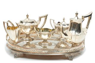 Gorham (American, 1831) 'Plymouth' Sterling Silver Tea Service & Silver Plate Tray, 72.3t oz 6 pcs