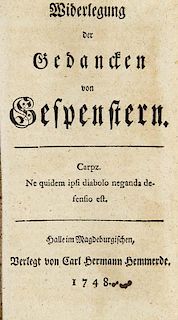 (Sucro, Johann Georg)
Widerlegung der Gedancken von Gespenstern. Halle, Hemmerde, 1748. 72 S. Kl.-8°. Rueckenbroschur.