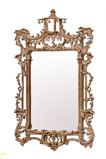 Chinese Chippendale Carved Wood Mirror, C. 1900, H 64'' W 32''