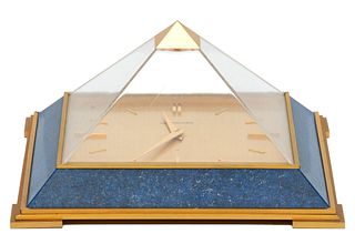 LeCoultre (Swiss) Pyramid Desk Clock, Blue Enamel, W 7''