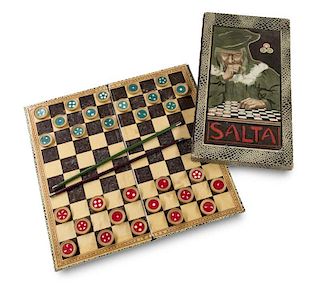 Salta. Brettspiel. O.O. u. o.Vlg. (um 1910). Mit einem klappbaren Spielbrett (ca. 42 x 42 cm), 30 Spielsteinen (je 15 Rot u. 