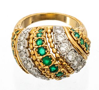 18Kt Yellow Gold Emerald & Diamond Dome Ring, C. 1950, 19g Size: 6.25