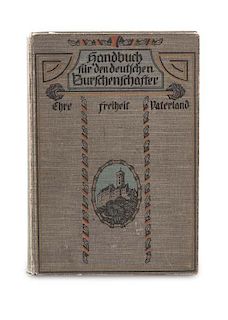 Boettger, Hugo
Handbuch fuer den Deutschen Burschenschafter. Mit 3 Farbtafeln. Berlin, Heymann, 1912. 3 Bl., 316 S. Gr.-8°. 