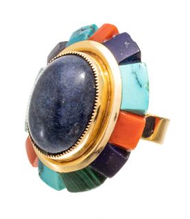 Saunsa (Navajo) 14kt Gold, Turquoise, Coral, Lazuli & Malachite Ring, 23g Size: 5.5
