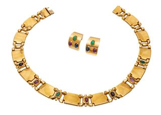14Kt Gold, Cabochon Sapphire, Emerald & Ruby Necklace & Earrings, W 0.75'' L 17'' 92g