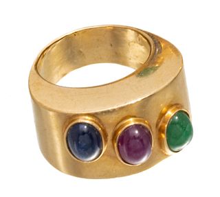 14kt Gold, Cabochon Sapphire, Emerald & Ruby Ring, 12g Size: 5.5