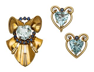 Tiffany & Co. Aquamarine, Sapphire, & 14kt Gold Earrings & Sweater Clip, H 1.75'' W 1.25'' 28g 3 pcs