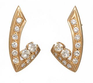 14Kt Yellow Gold & Diamond Earrings, H 1'' W .5'' 4.9g