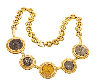 Unoaerre (Italian) Yellow Gold Necklace With Ancient Greek Silver & Gold Coins, L 26'' 160g