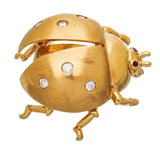 Henry Dankner (New York) 14Kt Yellow Gold & Diamond 'Ladybug' Brooch, C. 1960, W 1.2'' L 1'' 10g