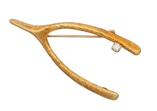 Scalle, 14kt Yellow Gold & Diamond 'Wishbone' Brooch, W 0.6'' L 1.75'' 5g