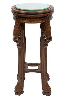 Walnut Round Carved Pedestal Table, C. 1910, H 33'' Dia. 16''