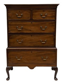 English Queen Anne Style Carved Mahogany Highboy, C. 1920, H 54.5'' W 37'' Depth 22.5''