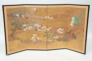 Chinese Hand-painted On Silk Four Panel Screen, H 39'' W 72''