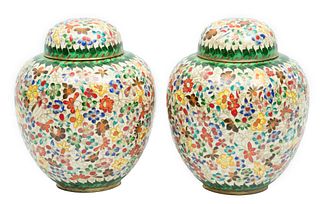 Chinese Cloisonne Covered Ginger Jars, H 10'' Dia. 8'' 1 Pair