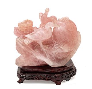 Chinese Rose Quartz Carving, Birds And Fruit H 5'' W 6''