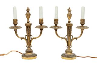 French Bronze Candelabras, Flame Finial C. 1920, H 17'' 1 Pair