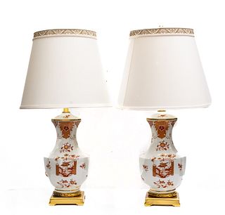 French Porcelain Table Lamps, Bronze Bases. C. 1960, H 33'' 1 Pair