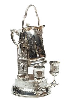 Meriden Aesthetic Silver Plate Water Kettle On Cradle, 2 Goblets C. 1880, H 22'' W 10'' 3 pcs
