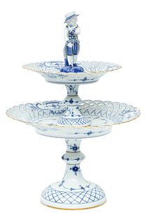 Royal Copenhagen (Danish) Two-tier 'Blue Flower' Porcelain Dessert Tray, H 16.75'' Dia. 11.25''