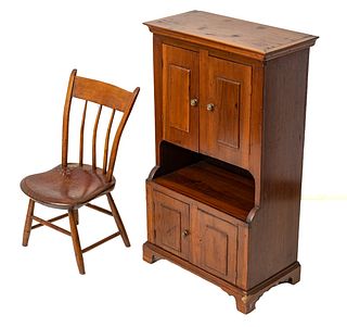 Child's Spindle Back Pine Chair, 19Th C And Child's Step Back Pine Cupboard